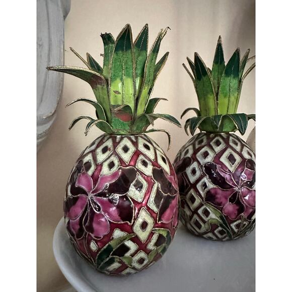 2 Vintage Cloisonné Enameled Pineapple Candlestick Holders Hollywood regency set - Picture 2 of 16